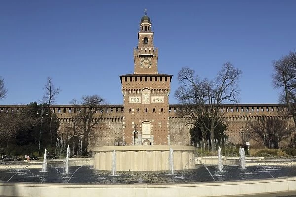 The Torre del Filarete clock tower at the 15th century Sforza Castle (Castello Sforzesco), Milan, Lombardy, Italy, Europe