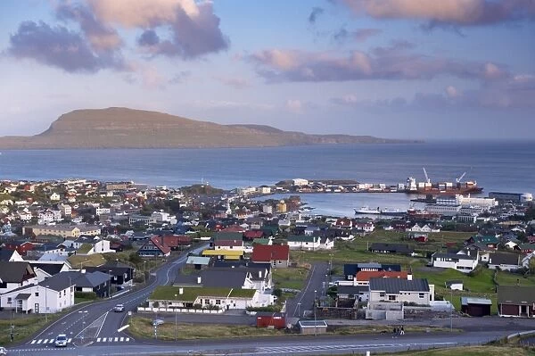 Torshavn and harbour, Nolsoy in the distance, Streymoy, Faroe Islands (Faroes)