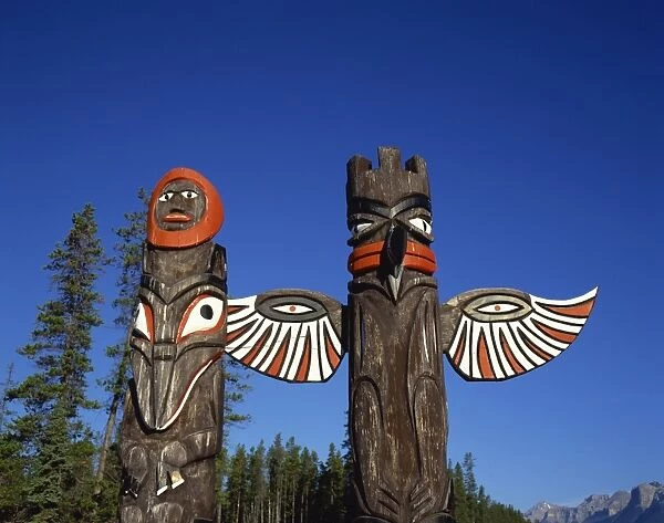 Totem poles, Jasper National Park, near Jasper, Alberta, Canada, North America