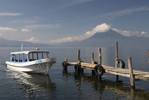 Tour boat near Panajachel, San Pedro Volcano in the background, Lake Atitlan
