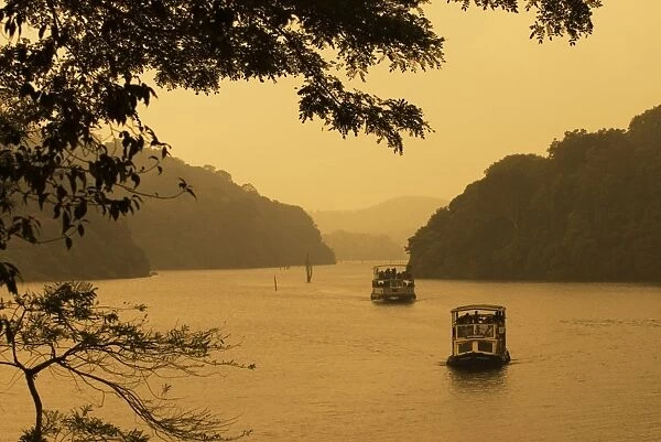 Tour boats cruising on lake, Lake Periyar, Kerala, India, Asia