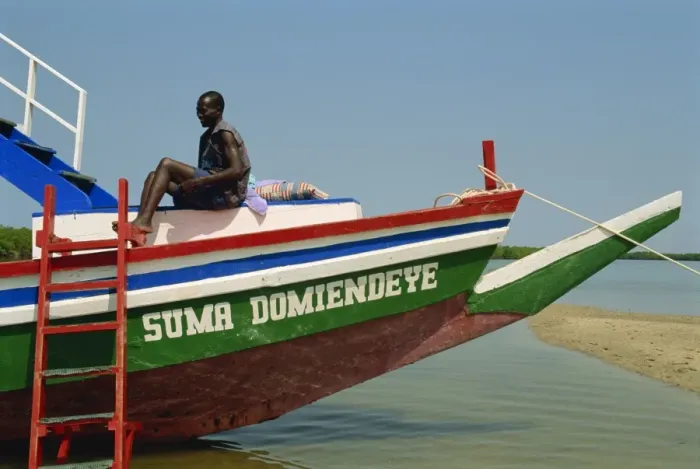 Framed Print : Tourist boat on backwaters near Banjul, Gambia, West Africa, Africa Framed Print : Tourist boat on backwaters near Banjul, Gambia, West Africa, Africa