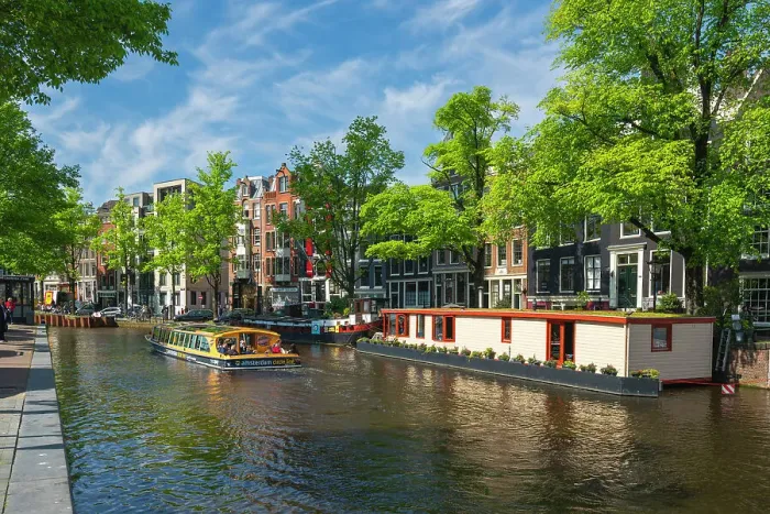 Framed Print : Tourist boat on Prinsengracht canal, Amsterdam, The Netherlands, Europe