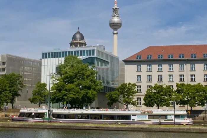 Framed Print : Tourist boat on the River Spree in front of the TV Tower of East Berlin Framed Print : Tourist boat on the River Spree in front of the TV Tower of East Berlin