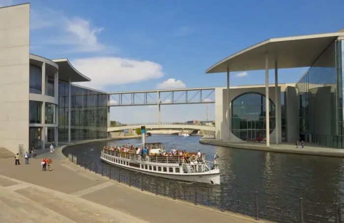Framed Print : Tourist cruise boat on the river Spree passing the Marie-Elizabeth-Luders Haus Framed Print : Tourist cruise boat on the river Spree passing the Marie-Elizabeth-Luders Haus
