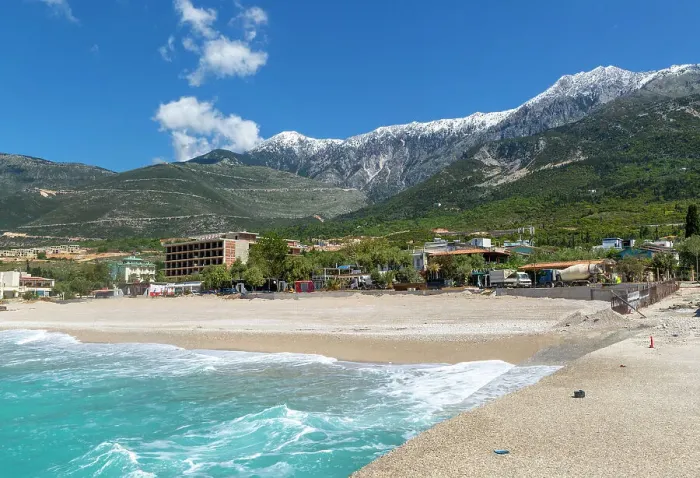 Framed Print : Tourist development construction building work view from Drymades beach to Mount Cika snow capped mountain range, Dhermi, Albanian Riviera, Albania, Europe Framed Print : Tourist development construction building work view from Drymades beach to Mount Cika snow capped mountain range, Dhermi, Albanian Riviera, Albania, Europe