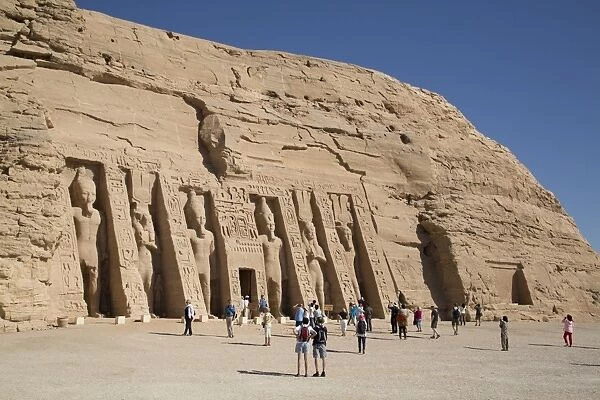 Tourist enjoying the site, Hathor Temple of Queen Nefertari, Abu Simbel, UNESCO World Heritage Site