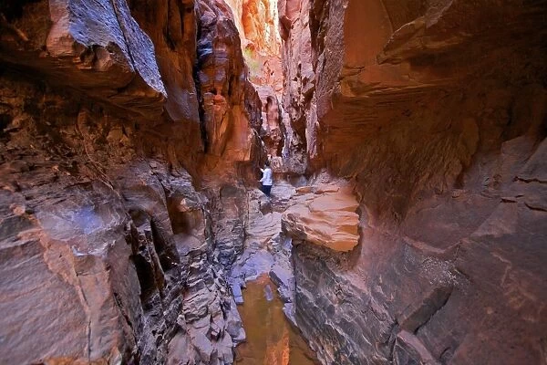Tourist in Khazali Canyon, Wadi Rum, Jordan, Middle East