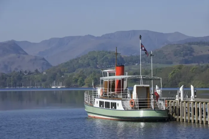 Framed Print : A tourist lake steamer awaits passengers at Pooley Bridge pier, Lake Ullswater, Lake District National Park, Cumbria, England, United Kingdom, Europe