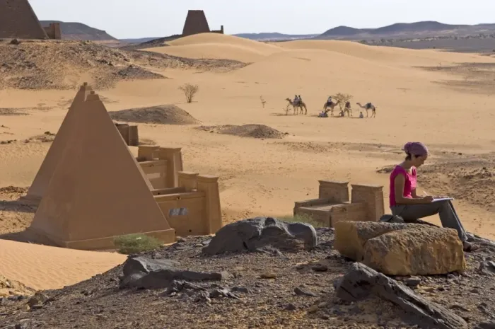 Framed Print : Tourist at the Pyramids of Meroe, Sudan, Africa