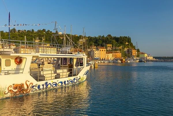 Tourist sightseeing boat, Old Town Harbour, Piran, Primorska, Slovenian Istria, Slovenia, Europe