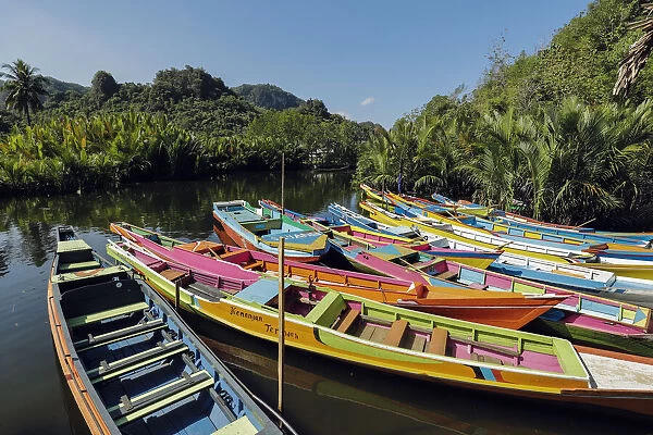 Tourist tour boats on Pute River in karst limestone region, Rammang-Rammang, Maros