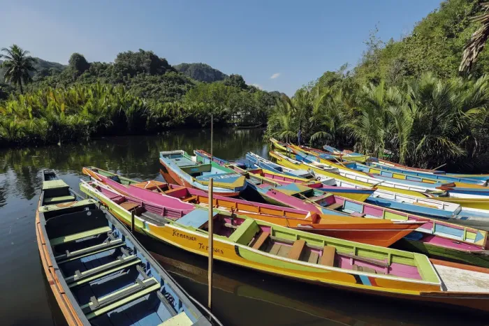 Framed Print : Tourist tour boats on Pute River in karst limestone region, Rammang-Rammang, Maros Framed Print : Tourist tour boats on Pute River in karst limestone region, Rammang-Rammang, Maros