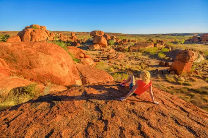 Framed Print : Tourist woman on the top view of Karlu Karlu (Devils Marbles) Conservation Reserve Framed Print : Tourist woman on the top view of Karlu Karlu (Devils Marbles) Conservation Reserve