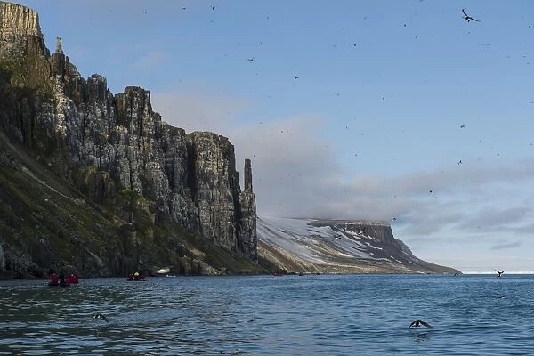 Tourist in zodiacs looking at cliffs of Alkerfjellet with thousands of kittywakes, Svalbard, Arctic