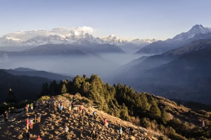 Framed Print : Tourists gather on Poon Hill to watch the sunrise over the Annapurna Himal, with Dhaulagiri, 8167m, Dhampus Peak, 6012m, and Tukuche Peak, 6920m and Nilgiri, 7061m, visible in the background, Annapurna Conservation Area, Nepal, Himalayas, Asia Framed Print : Tourists gather on Poon Hill to watch the sunrise over the Annapurna Himal, with Dhaulagiri, 8167m, Dhampus Peak, 6012m, and Tukuche Peak, 6920m and Nilgiri, 7061m, visible in the background, Annapurna Conservation Area, Nepal, Himalayas, Asia