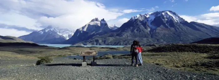 Framed Print : Tourists looking towards the Cuernos del Paine mountains, Torres del Paine National Park Framed Print : Tourists looking towards the Cuernos del Paine mountains, Torres del Paine National Park