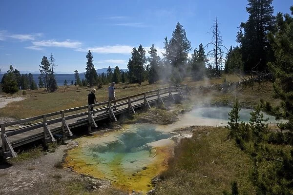 Tourists looking at Seismograph and Bluebell pools, West Thumb Geyser Basin, Yellowstone National Park, UNESCO World Heritage Site, Wyoming, United States of America, North America