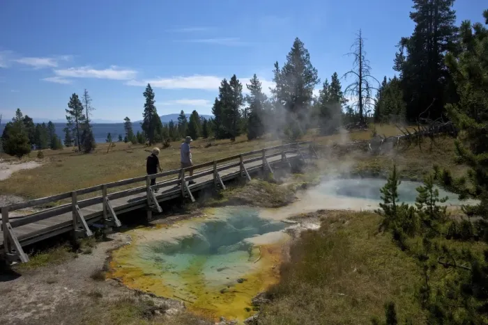 Framed Print : Tourists looking at Seismograph and Bluebell pools, West Thumb Geyser Basin, Yellowstone National Park, UNESCO World Heritage Site, Wyoming, United States of America, North America Framed Print : Tourists looking at Seismograph and Bluebell pools, West Thumb Geyser Basin, Yellowstone National Park, UNESCO World Heritage Site, Wyoming, United States of America, North America