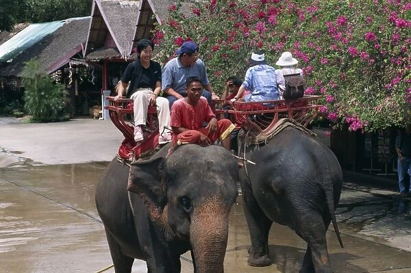 Tourists ride on elephants in the Rose Garden at Nakhon
