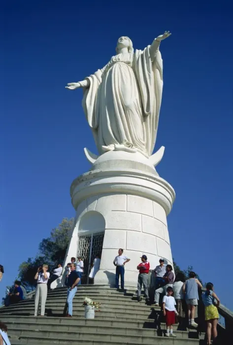 Framed Print : Tourists below a statue of the Virgin Mary, Cerro San Cristobal, Santiago Framed Print : Tourists below a statue of the Virgin Mary, Cerro San Cristobal, Santiago