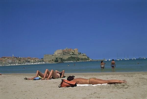 Tourists sunbathing on beach near Calvi, Balagne region, Corsica, France, Europe