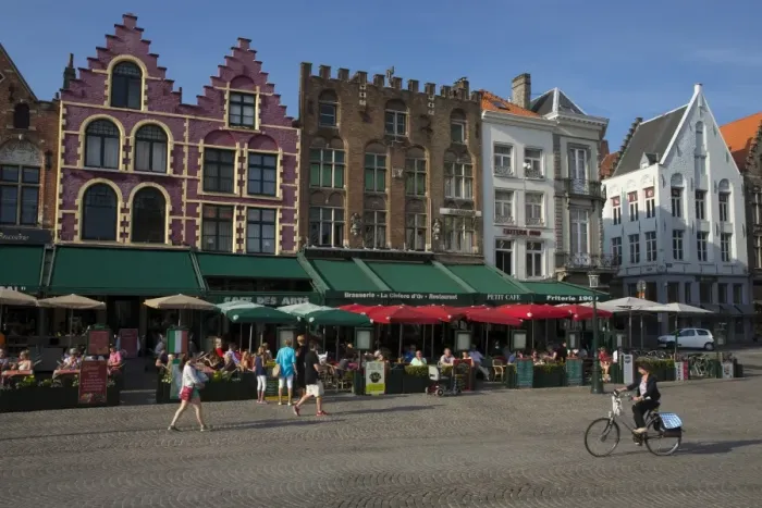 Framed Print : Tourists and visitors enjoying pavement cafes, Markt Square, Bruges, West Flanders