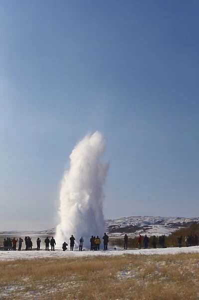 Tourists watching geyser erupting, Strokkur (the Churn) erupts every 5-10 minutes to heights of up to 20 meters (70ft), Geysir, Golden Circle, Iceland