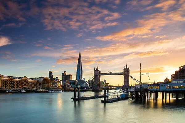 Tower Bridge, Butlers Wharf and The Shard at sunset taken from Wapping, London