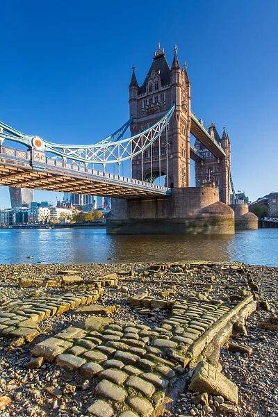 Tower Bridge and The City at low tide, London, England, United Kingdom, Europe