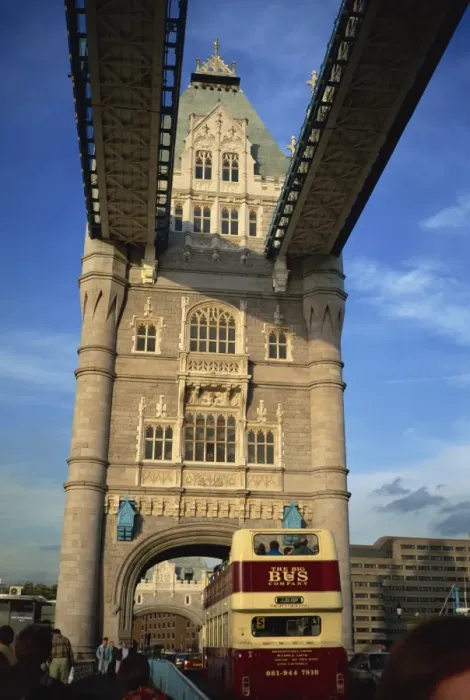 Framed Print : Detail of Tower Bridge, with double-decker bus passing through, London Framed Print : Detail of Tower Bridge, with double-decker bus passing through, London