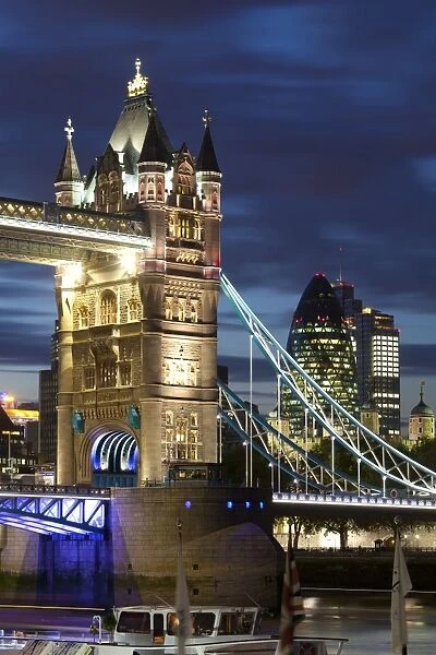 Tower Bridge and the Financial District at night, London, England, United Kingdom, Europe