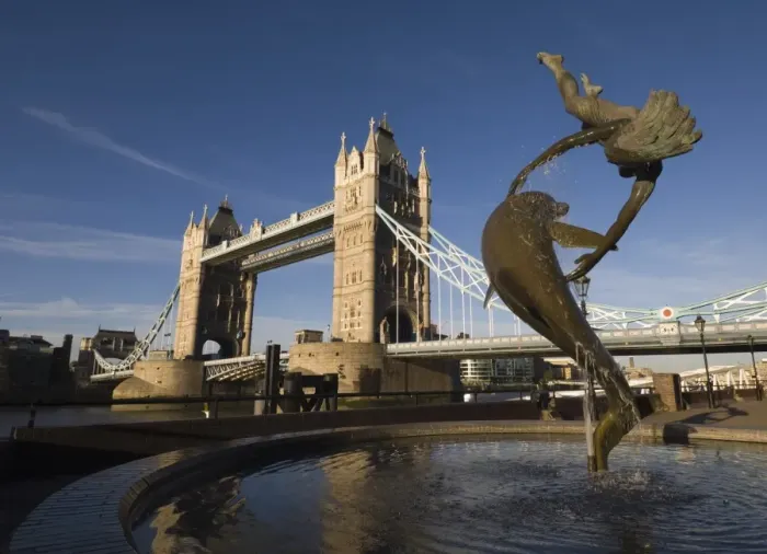 Framed Print : Tower Bridge and the Girl with a Dolphin sculpture, River Thames, London, England Framed Print : Tower Bridge and the Girl with a Dolphin sculpture, River Thames, London, England