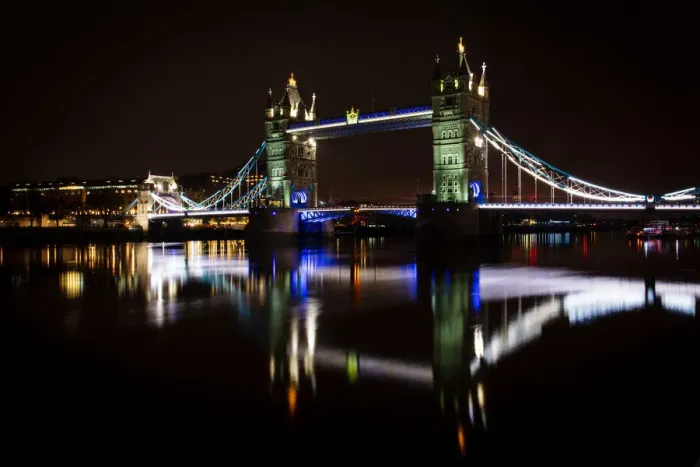Framed Print : Tower Bridge and reflections in the River Thames at night, London, England