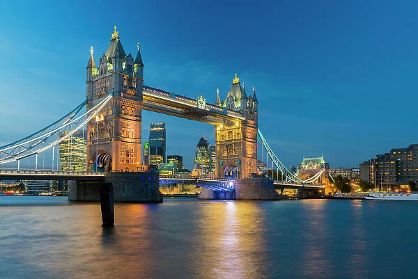 Tower Bridge over River Thames, City of London skyline including Cheesegrater