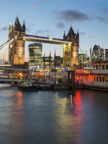 Tower Bridge, River Thames and City twilight, London, England, United Kingdom, Europe