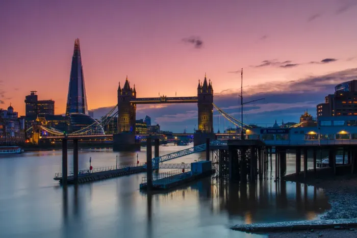 Framed Print : Tower Bridge and The Shard at sunset with a low tide on the River Thames, London, England