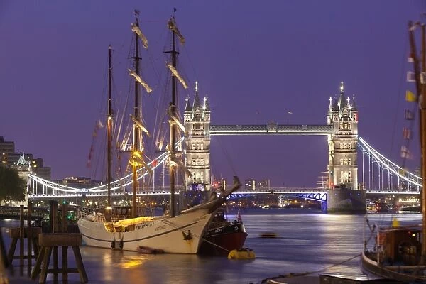 Tower Bridge and tall ships on River Thames, London, England, United Kingdom, Europe
