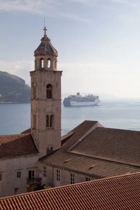 Framed Print : The tower of Dominican Monastery with cruise ship, from Dubrovnik Old Town walls, Dubrovnik, Croatia, Europe Framed Print : The tower of Dominican Monastery with cruise ship, from Dubrovnik Old Town walls, Dubrovnik, Croatia, Europe
