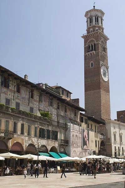 Tower Lombardy, 83 metres high, and the market in Piazza della Erbe, Verona