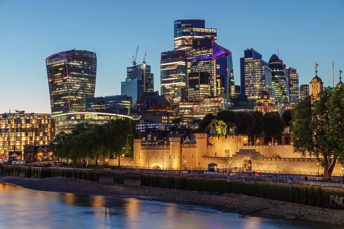 Framed Print : Tower of London with skyline of London, England Framed Print : Tower of London with skyline of London, England