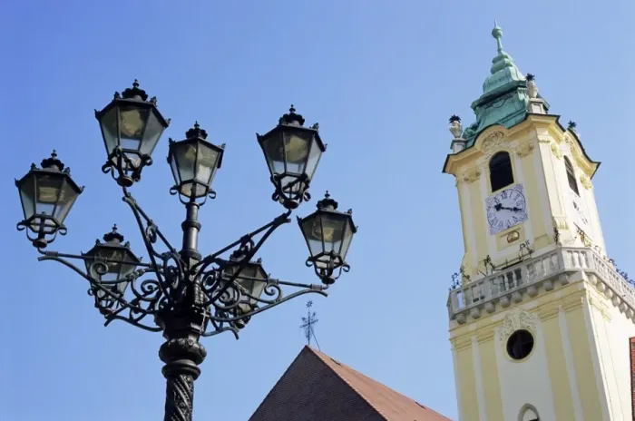 Framed Print : Tower of Old Town Hall and wrought iron 19th century street lamp Framed Print : Tower of Old Town Hall and wrought iron 19th century street lamp