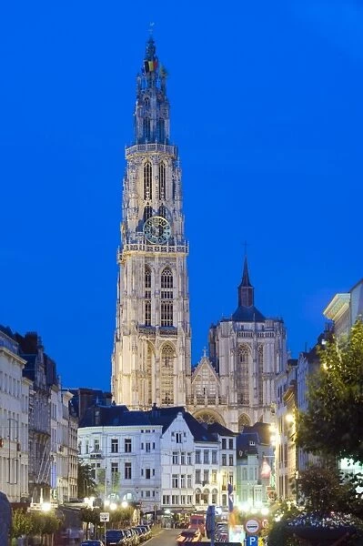 Tower of Onze Lieve Vrouwekathedraal illuminated at night, Antwerp, Flanders