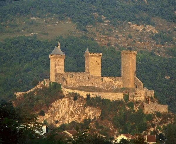 Towers and fortifications of the Chateau de Foix, in the Midi Pyrenees, France, Europe