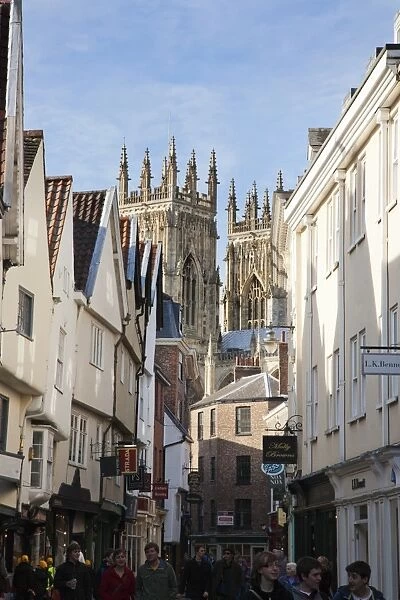 Towers of the Minster from Petergate, York, Yorkshire, England, United Kingdom, Europe