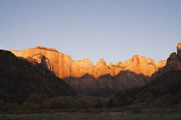 Towers of the Virgin and West Temple at sunrise, Zion National Park in autumn