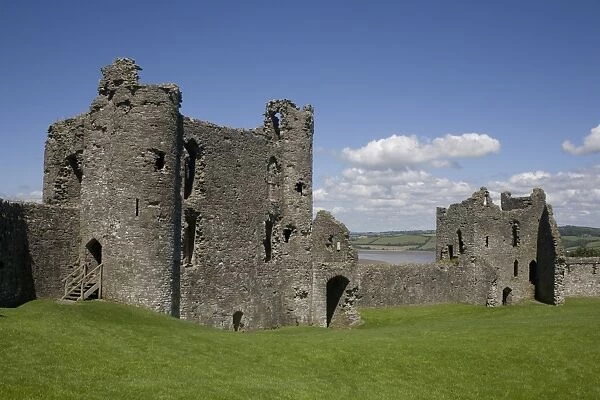 Towers and wall inside Llansteffan castle, Llansteffan, Carmarthenshire, Wales, United Kingdom