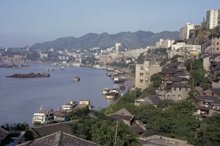 Framed Print : Town built on steep sandstone slopes above confluence of Yangtse and Jialing Rivers Framed Print : Town built on steep sandstone slopes above confluence of Yangtse and Jialing Rivers