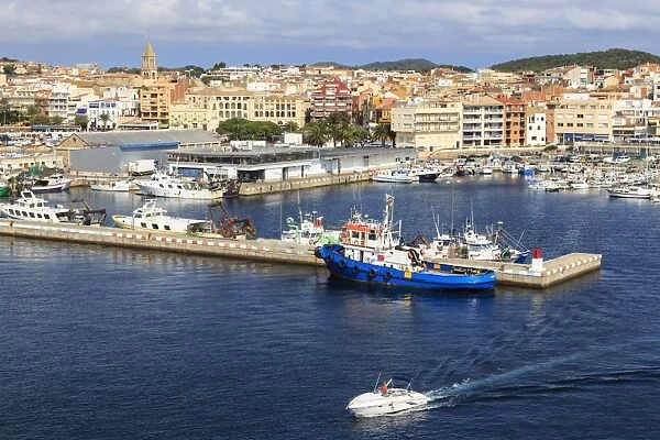 Town centre, fishing boats and pleasure craft, from the sea, Palamos, Costa Brava