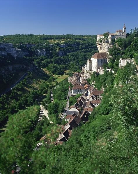 The town and church overlook a green valley at Rocamadour, Lot, Midi Pyrenees